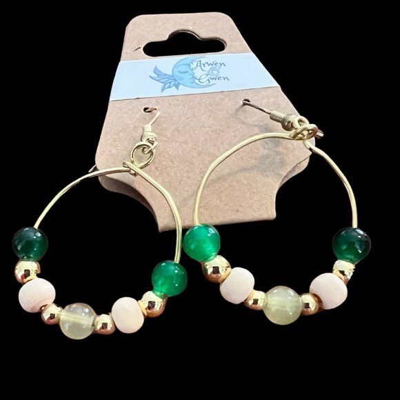 Hoop Earrings With Shades of Green Glass beads, Gold Tone Beads, Boho, Earthy - Picture 1 of 2